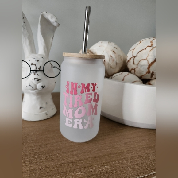 Frosted Custom Glass Tumbler with Straw "In My Tired Mom Era" - Picture 1 of 4